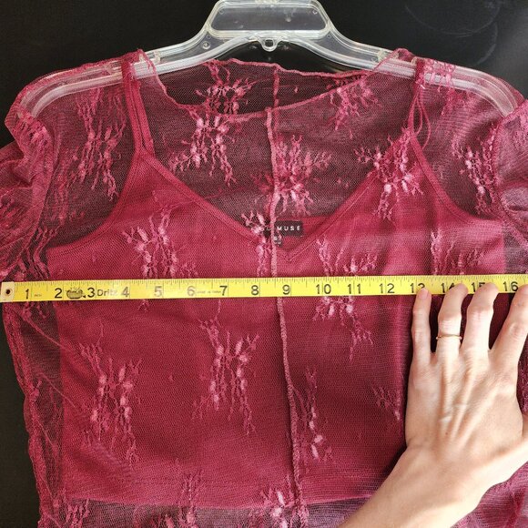MIOU MUSE Y2K 90's Red Sheer Lace Long Sleeve Top Spaghetti Strap Camisole Small - Picture 4 of 12